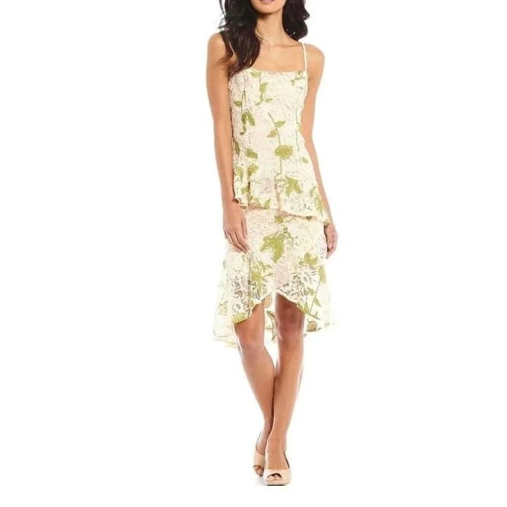 NWT Alex Marie Fairycore Pink Green Floral Lace Ruffle Sheath Midi Dress Size 14
